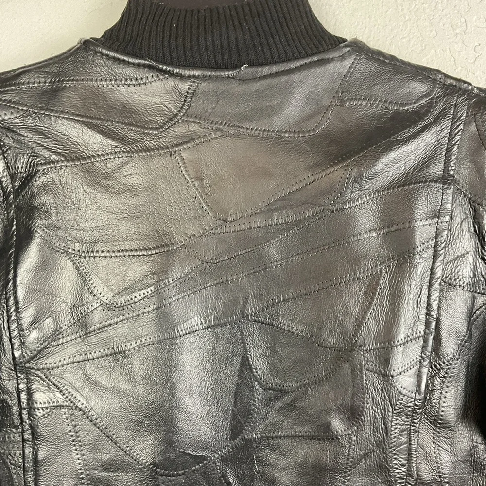 M. Collection Women’s Black Leather Patchwork Zip Up Bomber Jacket Sz Med